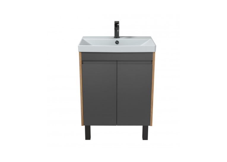 Тумба Мойдодыр Olive 60-U с умывальником Sempre 60 графит с деревом Подвесная напольная 00-0008274