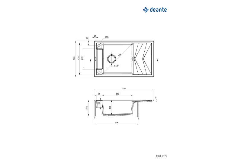 Мийка кухонна Deante Magnetic, граніт, прямокутник, з крилом, 820х500х219мм, чаша - 1, накладна, металічний графіт ZRM_G113