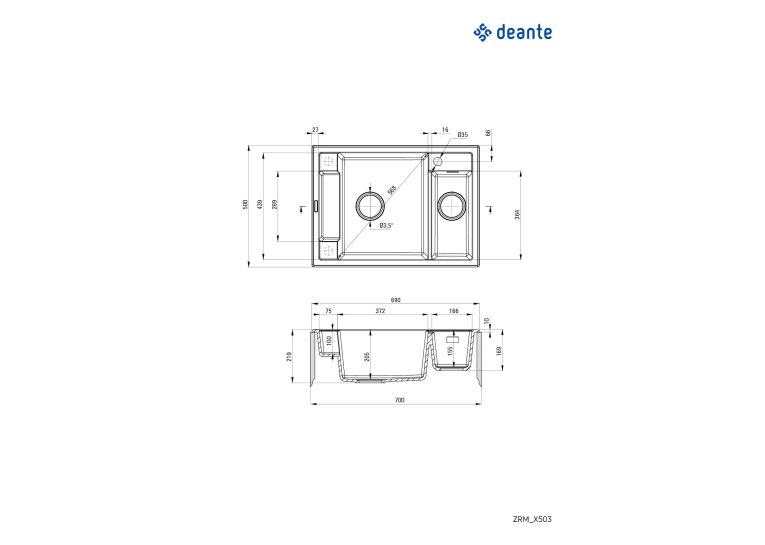 Мийка кухонна Deante Magnetic, граніт, прямокутник, без крила, 690х500х219мм, чаша - 1.5, накладна, алебастр ZRM_A503