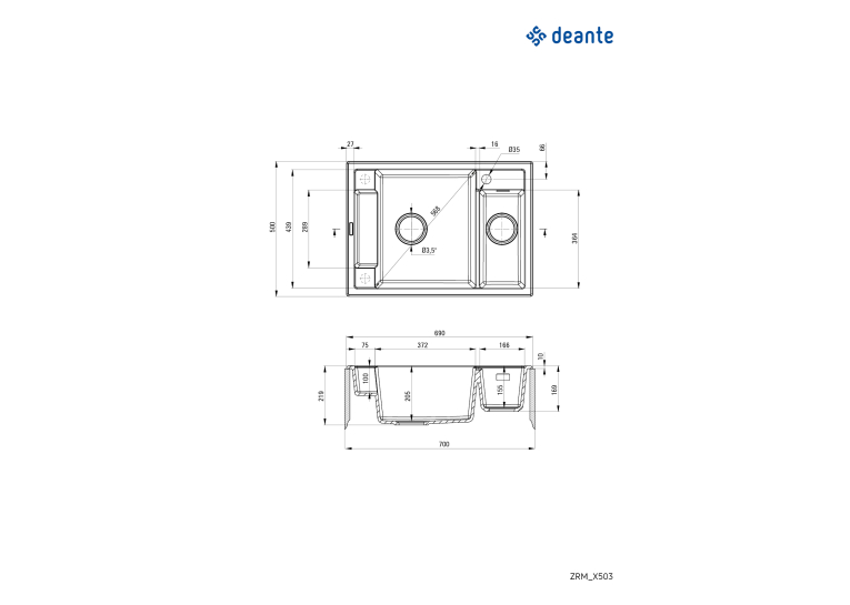Мийка кухонна Deante Magnetic, граніт, прямокутник, без крила, 690х500х219мм, чаша - 1.5, накладна, чорний ZRM_N503
