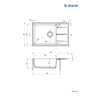 Мийка кухонна Deante Eridan, граніт, прямокутник, з крилом, 780х500х210мм, чаша - 1, накладна, металічний сірий ZQE_S11B