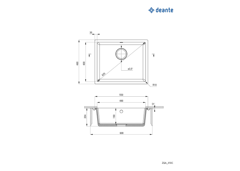 Мийка кухонна Deante Corda, граніт, квадрат, без крила, 550х460х204мм, чаша - 1, врізна, алебастр ZQA_A10C