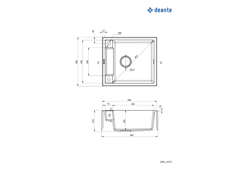 Мийка кухонна Deante Magnetic, граніт, квадрат, без крила, 560х500х219мм, чаша - 1, накладна, алебастр ZRM_A103