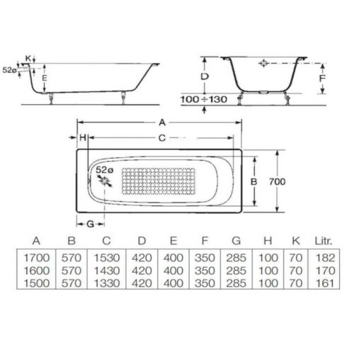 Ванна чавунна Roca CONTINENTAL 170 x 70 без ніжок (A21291100R)
