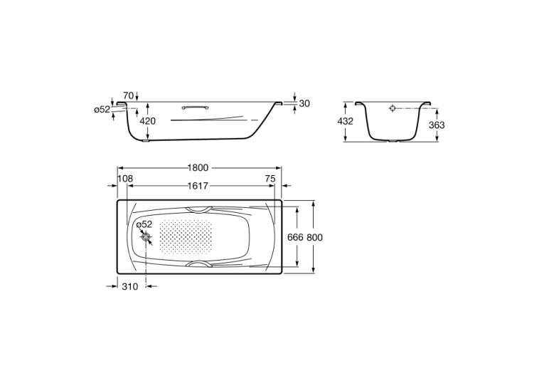 Ванна Roca SWING 180 x 80 с ручками + сифон Viega Simplex для ванны, автомат 560 мм, A220070001+2853