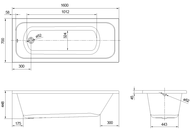 Ванна VOLLE ALTEA акриловая 1600x700x448мм без ножек TS-1670448
