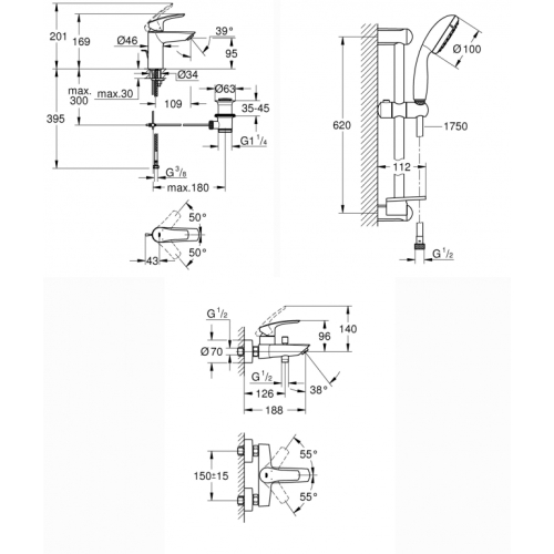 Комплект смесителей для ванны Grohe Eurosmart New UA123238S0 (33265003+33300003+27926001) 