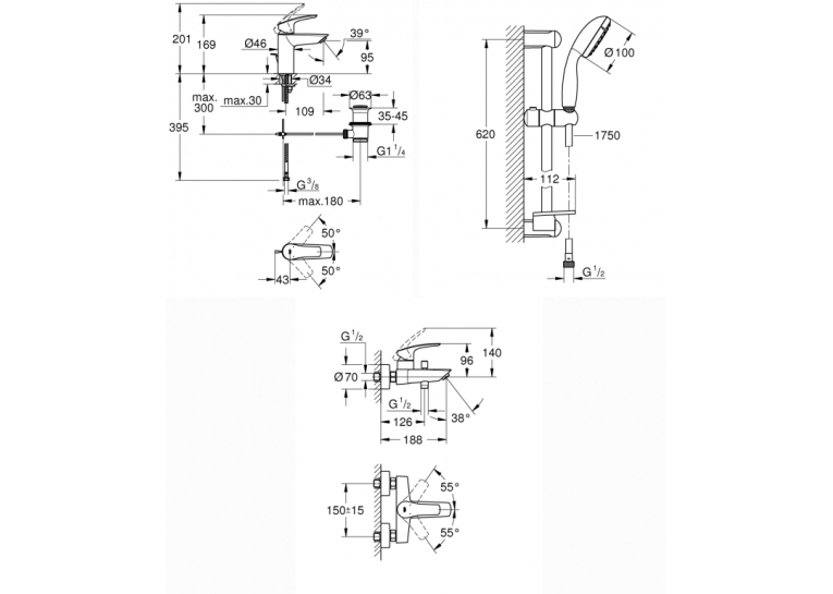 Комплект змішувачів для ванни Grohe Eurosmart New UA123238S0 (33265003+33300003+27926001)