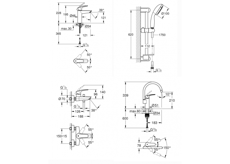 Комплект змішувачів для ванни + змішувач для кухні Grohe Eurosmart New UA123248MK