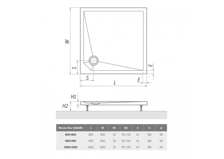  Душовий піддон Roth Marmo Neo Square 800x800 White, MAN SQ 080080 2E