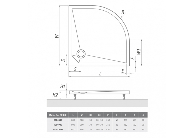  Душовий піддон Roth Marmo Neo Round 900x900 R:550 White, MAN RO 090090 2E
