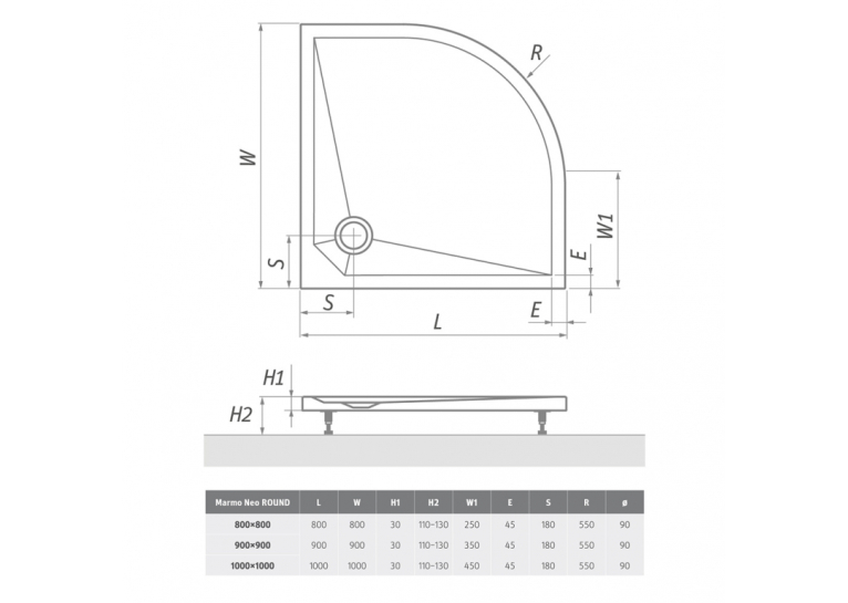  Душовий піддон Roth Marmo Neo Round 900x900 R:550 White, MAN RO 090090 2E