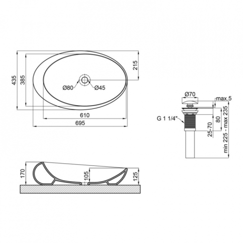 Раковина-чаша Qtap Leo 69x43,5x18 White с донным клапаном QT11111094W