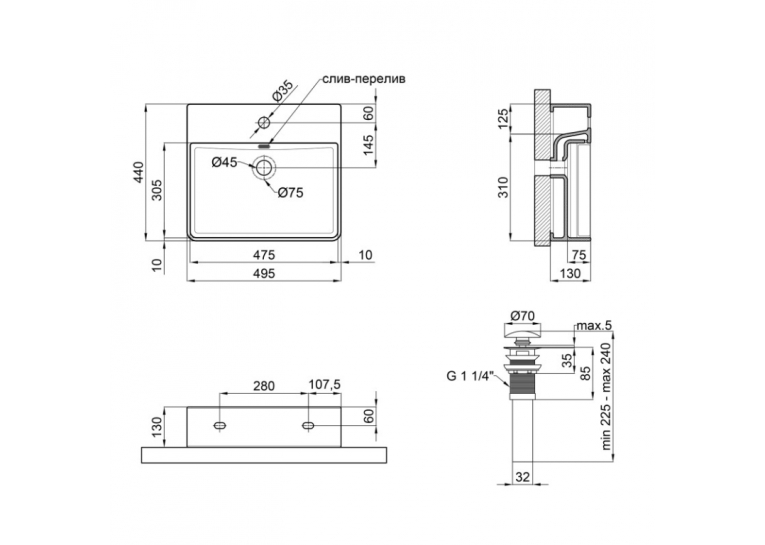  Раковина Qtap Nando LT 50x42x12 White з донним клапаном QT12112173SW