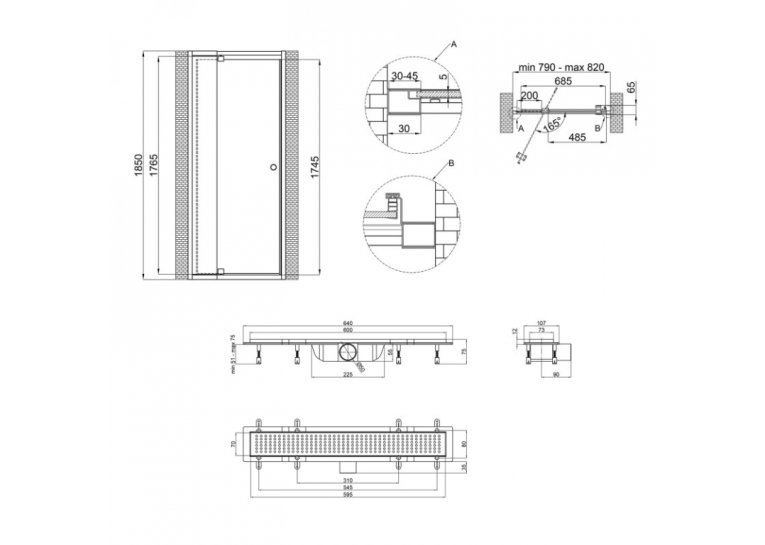 Набір Qtap двері в нішу Pisces WHI208-9.CP5 79-92х185 см, скло Pattern 5 мм + трап лінійний Qtap Dry FB304-600 із сухим затвором та нержавіючою решіткою 600х73 мм QTDRYFB304600