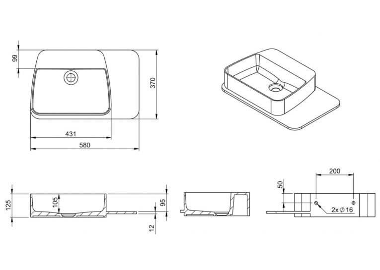  Раковина підвісна кам'яна Volle Solid surface з поличкою 58х37 см білий 13-40-415