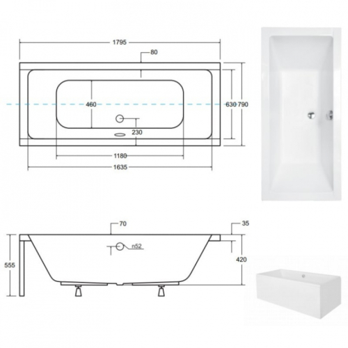 Ванна акрилова прямокутна BESCO QUADRO 180х80 см 00000013511