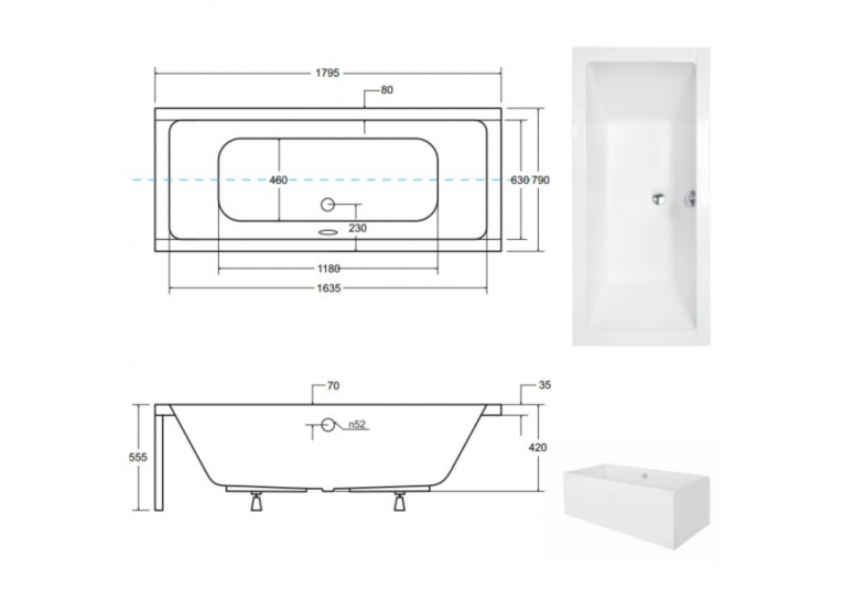 Ванна акрилова прямокутна BESCO QUADRO 180х80 см 00000013511