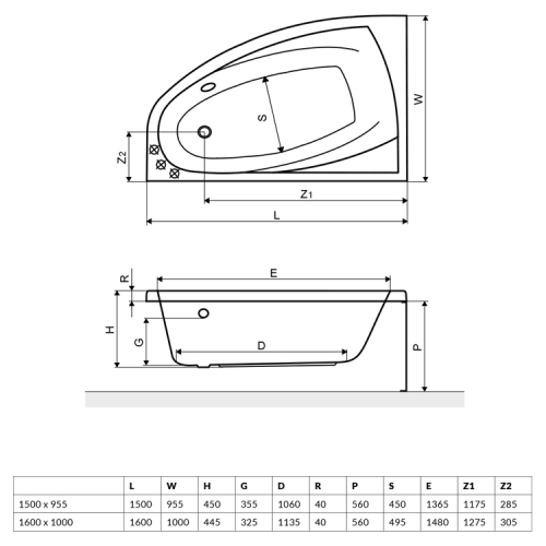 Ванна акриловая RADAWAY RINEIA 150x095 (WA1-31-150x095LS) + ножки (NWE-68) + сифон R135L
