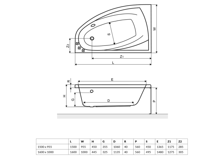  Ванна акрилова RADAWAY RINEIA 160x100 (WA1-31-160x100LS) + ніжки (NWE-68) + сифон R135L