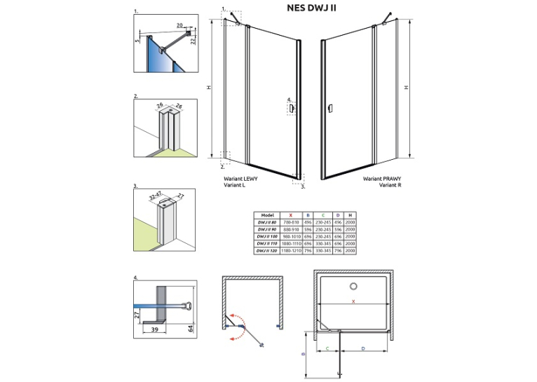 Душевые двери Radaway NES DWJ II 900Lx2000 хром/прозрачное стекло 10036090-01-01L