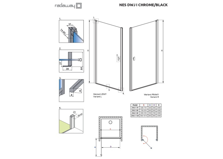 Душевые двери Radaway NES Black DWJ I 800Rx2000 чёрный/прозрачное стекло 10026080-54-01R