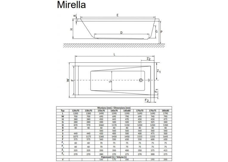  Ванна акрилова Radaway Mirella 140x70 см з ніжками та сифоном WA1-48-140x070S