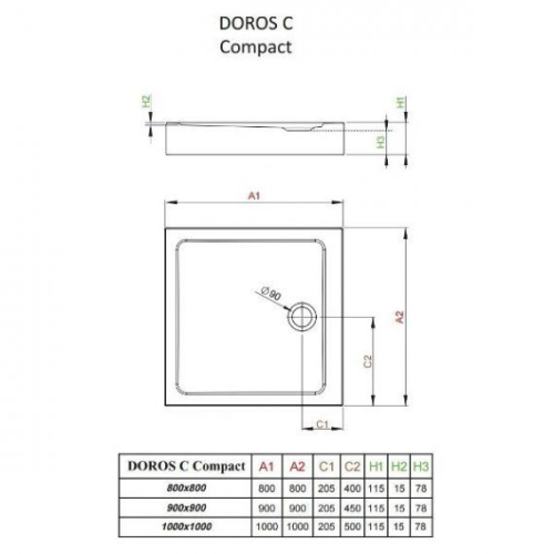 Душовий піддон Radaway Doros C Compact Stone 900x900x155 білий SDRC9090-05-04S
