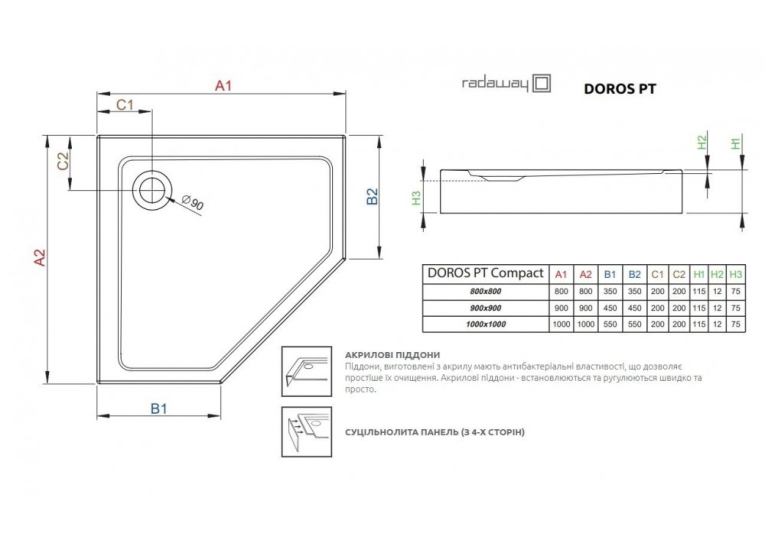 Душовий піддон Radaway Doros PT Compact 1000x1000x115 білий SDRPT1010-05
