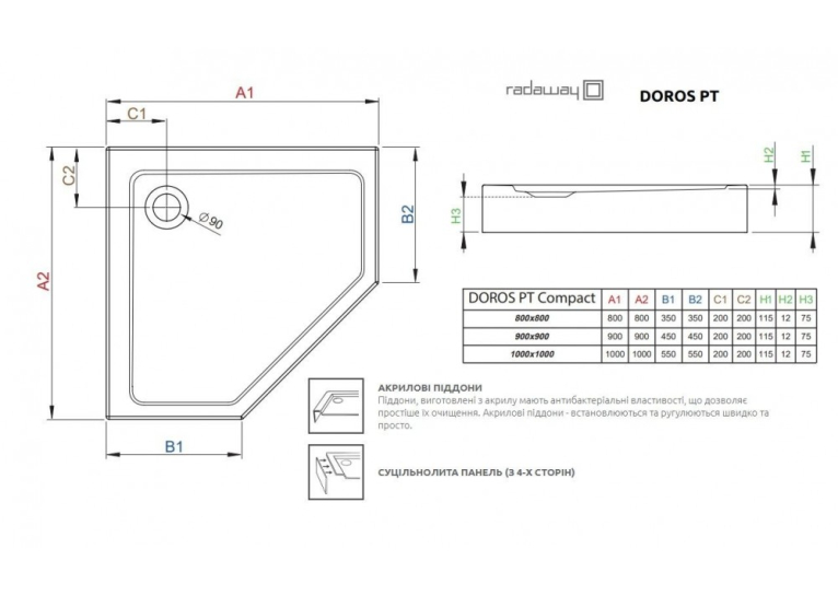 Душовий піддон Radaway Doros PT Compact 1000x1000x115 білий SDRPT1010-05