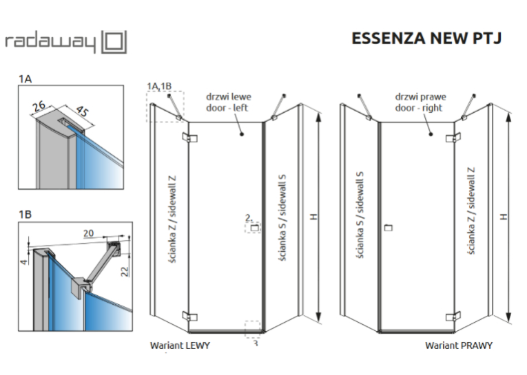  Комплект стінок RADAWAY Essenza New PTJ 1000Zx1000Sx2000 хром/прозоре скло 385051-01-01