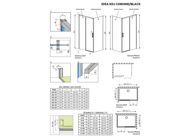  Бічна стінка RADAWAY Idea Black S1 800Lx2000 чорний/прозоре скло 387051-54-01L