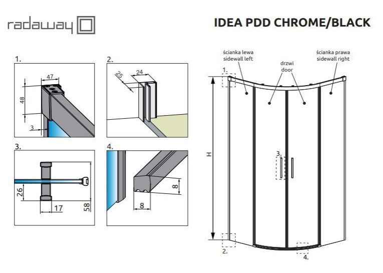  Комплект душових стінок RADAWAY Idea PDD 900Х2005 хром/прозоре скло 387158-01-01