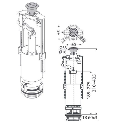 Сливной механизм Alcaplast A2000-CHROM со стоп- кнопкой