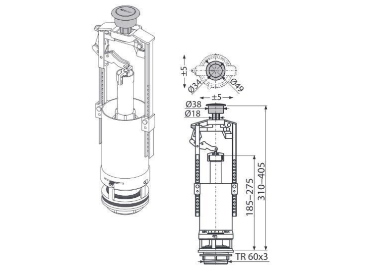 Сливной механизм Alcaplast A2000-CHROM со стоп- кнопкой
