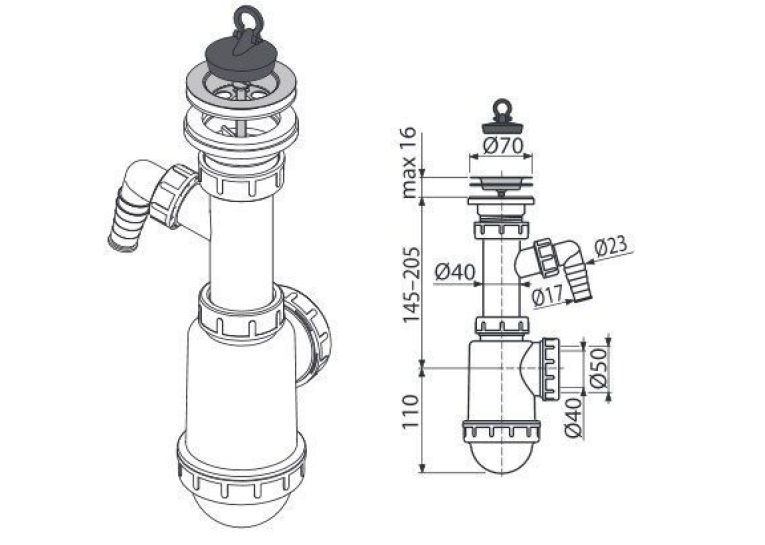 Сифон Alcaplast A441P-DN50/40 для мойки с нержавеющей решёткой d70