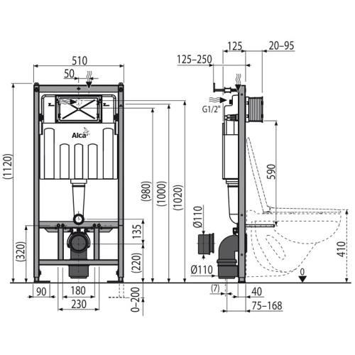 Инсталляция для унитаза ALCA PLAST AM101/1120 с панелью смыва M570 и звукоизоляционной прокладкой M91 Хром