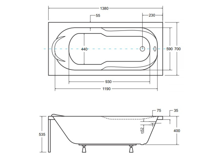 Ванна акриловая прямоугольная BESCO Bona 140х70 см 00000011470