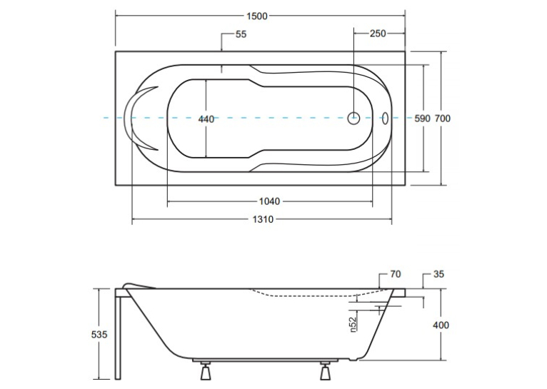 Ванна акриловая прямоугольная BESCO Bona 150х70 см 00000001566