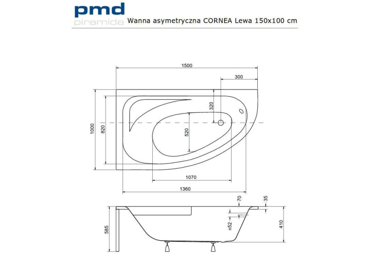  Ванна акрилова BESCO Cornea 150х100 лівостороння NAVARA05392