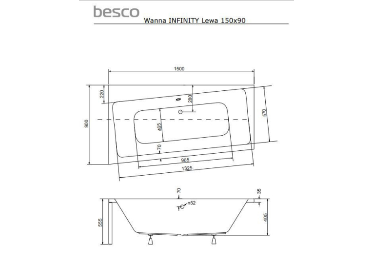  Ванна акрилова BESCO Infinity 150х90 лівостороння 00000011092