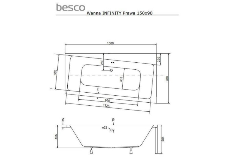  Ванна акрилова BESCO Infinity 150х90 правостороння 00000011104