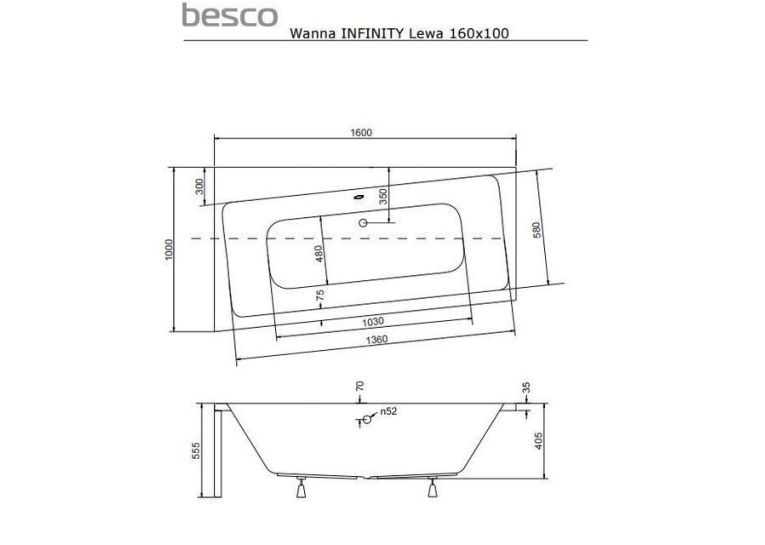  Ванна акрилова BESCO Infinity 160х100 лівостороння 00000012903