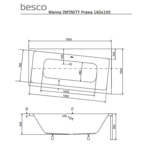Набір: Акрилова ванна з ніжками + передня панель Besco Infinity 160x100 Права -ліен Navara01331K
