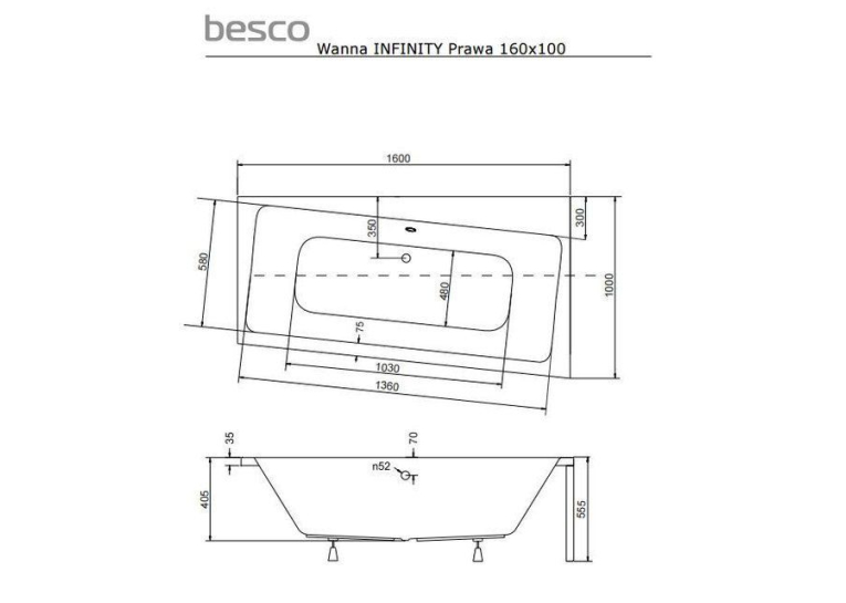 Комплект: Ванна акриловая с ножками + Панель Фронтальная BESCO Infinity 160х100 правосторонняя NAVARA01331K