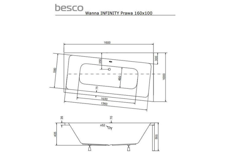 Комплект: Ванна акриловая с ножками + Панель Фронтальная BESCO Infinity 160х100 правосторонняя NAVARA01331K