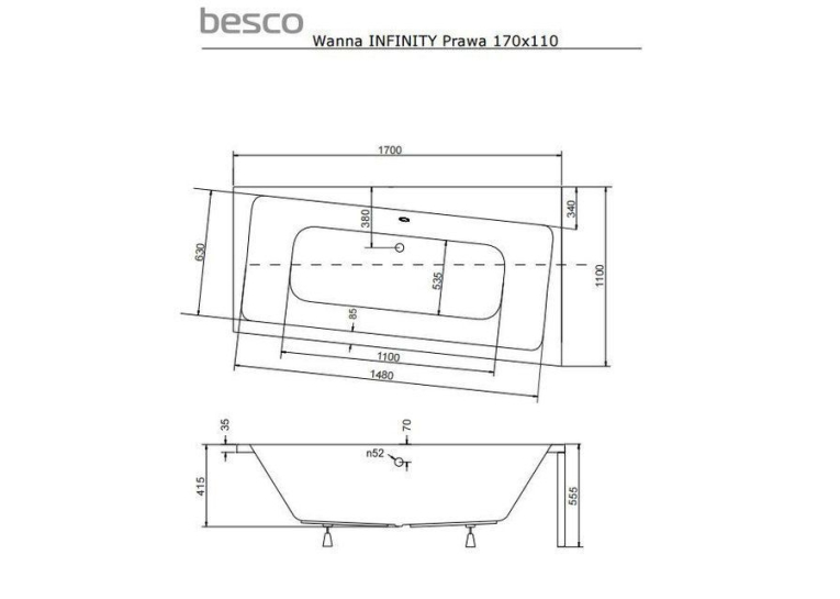  Ванна акрилова BESCO Infinity 170х110 правостороння 00000011106