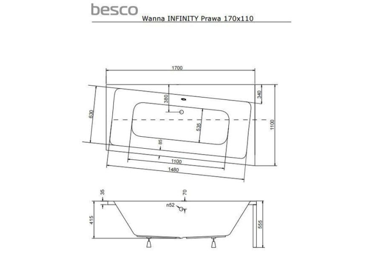  Ванна акрилова BESCO Infinity 170х110 правостороння 00000011106