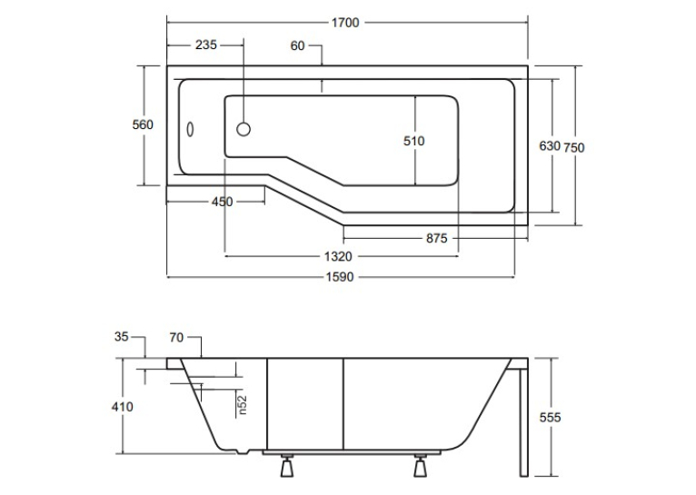  Ванна акрилова BESCO Integra 170х75 правостороння 00000013415