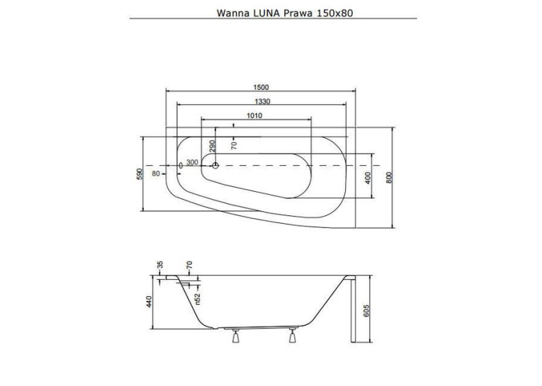  Ванна акрилова BESCO LUNA 150х80 правостороння 00000008556